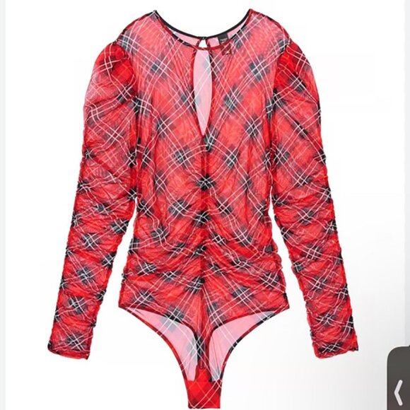 Victorias Secret Red Plaid Mesh Bodysuit size Large - Picture 2 of 13